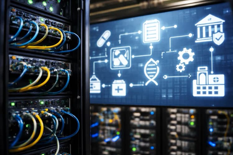 Ilustrasi server rack dengan kabel koneksi ke diagram alur proses farmasi dan ikon regulasi BPOM