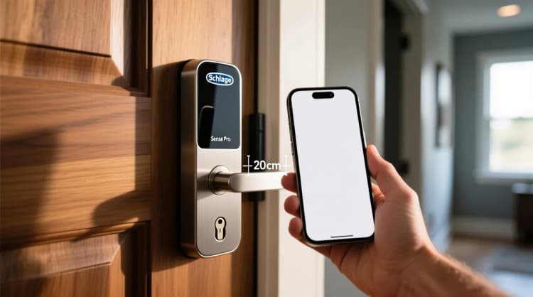 Ilustrasi close-up kunci Schlage Sense Pro terpasang di pintu kayu jati, tanpa lubang kunci tampak di bagian bawah, dengan iPhone di tangan pengguna berjarak 20 cm dari permukaan kunci