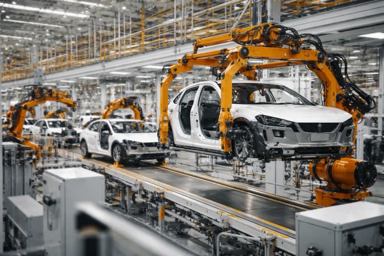 Ilustrasi pabrik BYD di Shenzhen dengan jalur perakitan otomatis dan robot pengangkat bodi mobil listrik
