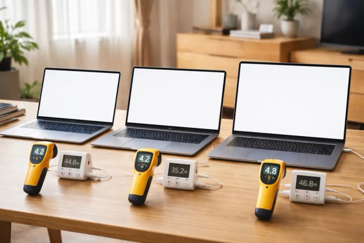 Ilustrasi tiga MacBook berdampingan — M3 Air, M3 Pro 14 inci, dan M3 Max 16 inci — dengan label suhu permukaan dan konsumsi daya aktual di kondisi ruang 32°C