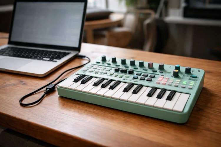 Ilustrasi Nopia Synth berwarna mint hijau di atas meja kayu, dengan tuts Chord Builder tampak jelas dan kabel USB kecil tersambung ke laptop terbuka
