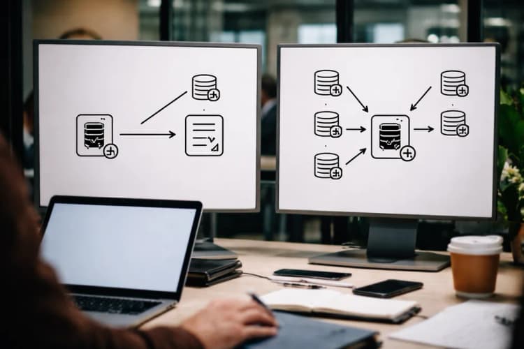 Ilustrasi diagram perbandingan arsitektur oracle: satu panah masuk ke kotak kontrak pintar (Bonzo-style) vs tiga panah dari sumber berbeda menuju satu kotak (Chainlink-style)