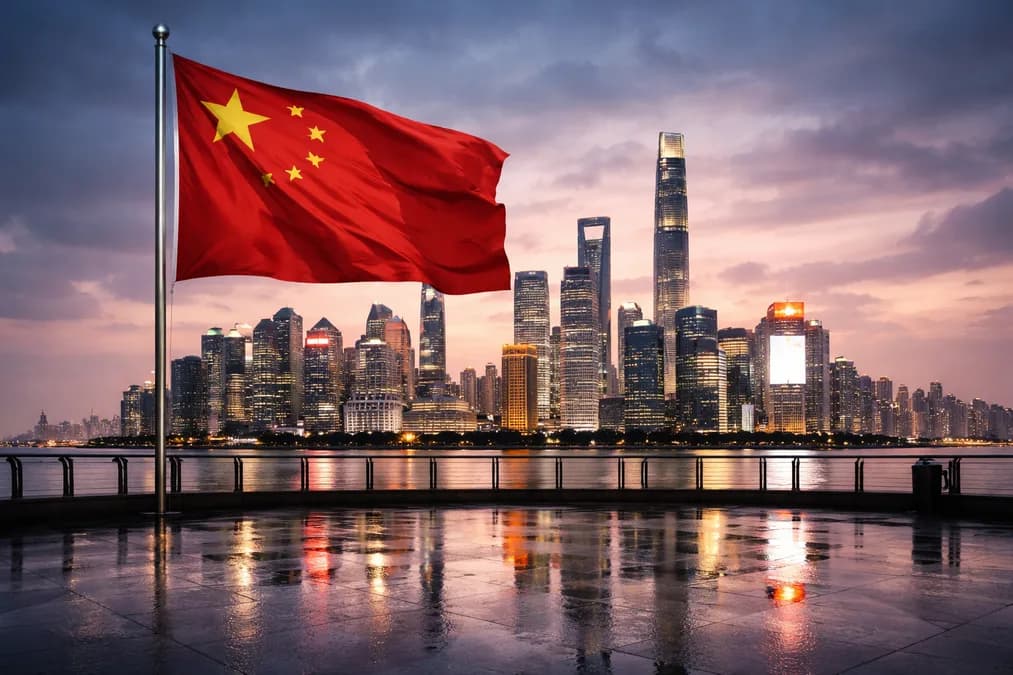 Chinese flag in cityscape: Zhangjiang AI Town Luncurkan Model Perkiraan Kota Berbasis Data Multimodal