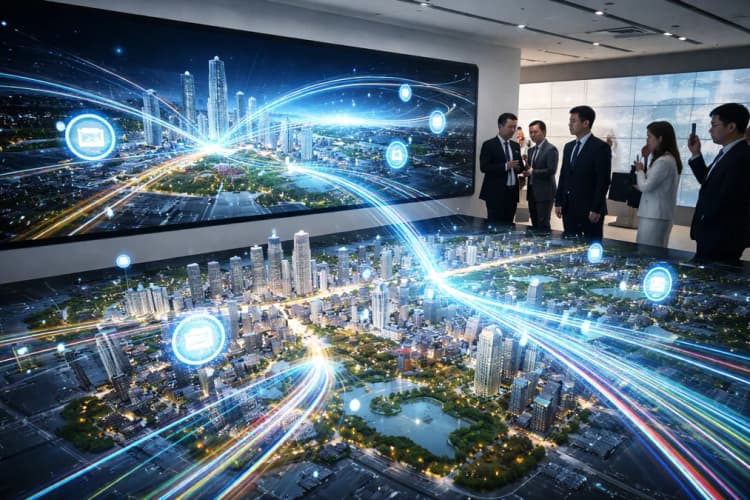 Ilustrasi peta interaktif Zhangjiang AI Innovation Town dengan overlay visualisasi aliran data dari sensor, aplikasi mobile, dan sistem transportasi publik