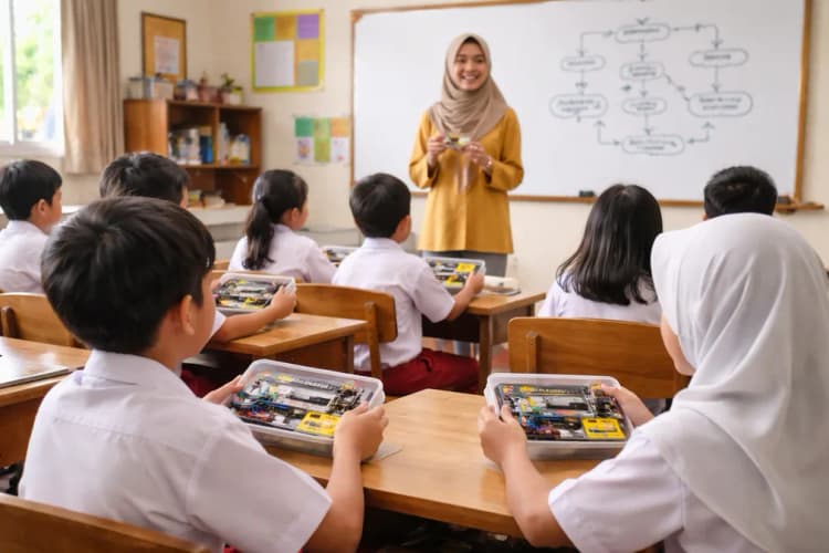 Ilustrasi ruang kelas SD di Bandung dengan anak-anak sedang memegang kit elektronik sederhana berlabel 'Koding Kancil', guru memandu di depan papan tulis berisi diagram alur logika berbahasa Indonesia