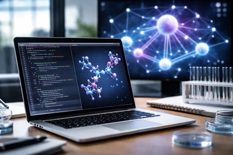 Ilustrasi kolaboratif antara layar laptop berisi kode Python dan diagram molekul peptida yang terhubung ke representasi abstrak qubit berwarna biru-ungu