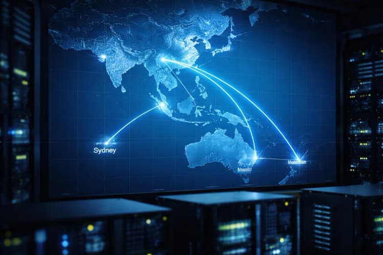 Ilustrasi server pusat data dengan peta Asia-Pasifik menunjukkan koneksi ke Sydney, Bangkok, dan Manila — tapi tidak ke Jakarta