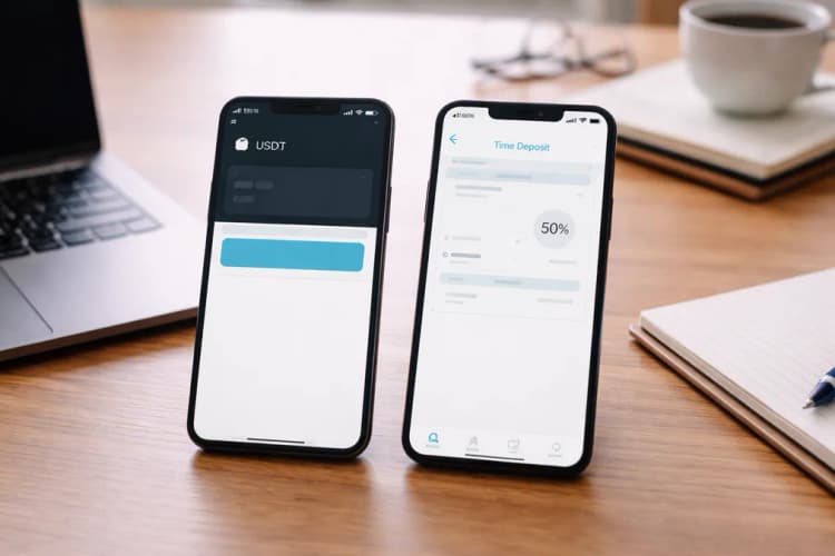 Ilustrasi dua kolom: kiri menunjukkan aplikasi Bitget dengan saldo USDT dan tombol 'Deposit to Cash Plus', kanan menampilkan aplikasi mobile BCA dengan tab 'Deposito Berjangka' dan suku bunga 4,5%
