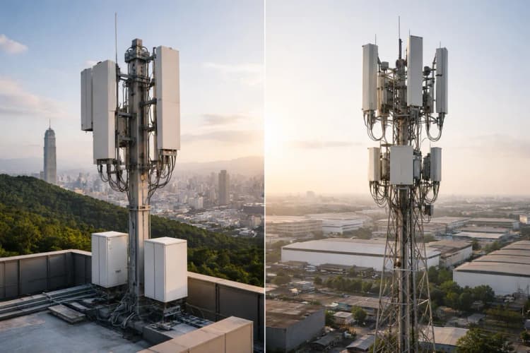 Ilustrasi perbandingan dua stasiun basis 5G: satu di pinggiran Taipei dengan panel modular dan antena terintegrasi, satunya di kawasan industri Cikarang dengan tower konvensional dan perangkat terpisah