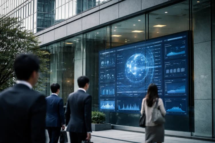 Ilustrasi kantor pusat SoftBank di Tokyo dengan layar interaktif menampilkan dashboard keamanan siber berbasis AI dalam bahasa Jepang