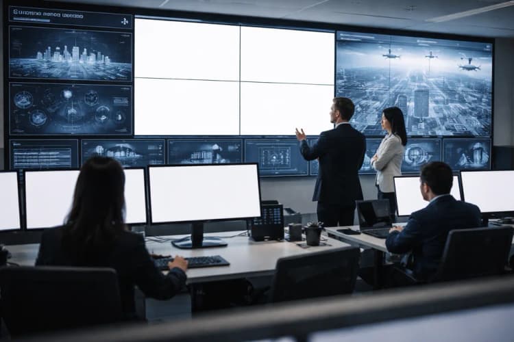 Ilustrasi ruang kontrol digital Thales di Singapura dengan layar tampilan real-time simulasi serangan siber dan drone otonom