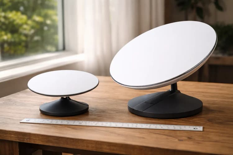 Ilustrasi perbandingan visual antena Starlink V5 dan V4 di atas meja kayu, dengan penggaris metrik terlihat jelas di sampingnya