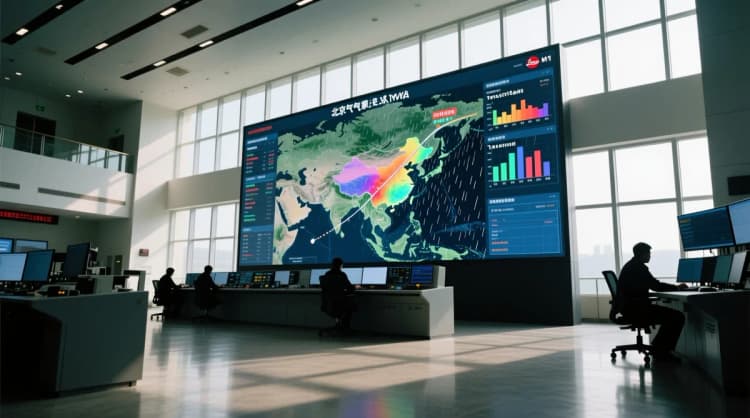 Ilustrasi pusat kendali cuaca di Beijing dengan layar besar menampilkan peta dinamis lintasan topan Bavi dan overlay data curah hujan real-time