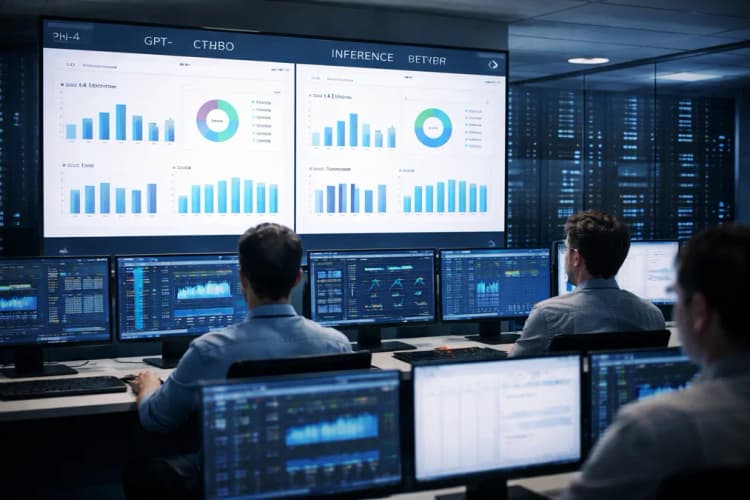 Ilustrasi ruang kontrol pusat data Azure di Singapura dengan layar menampilkan perbandingan metrik inferensi antara model Phi-3 dan GPT-4 Turbo