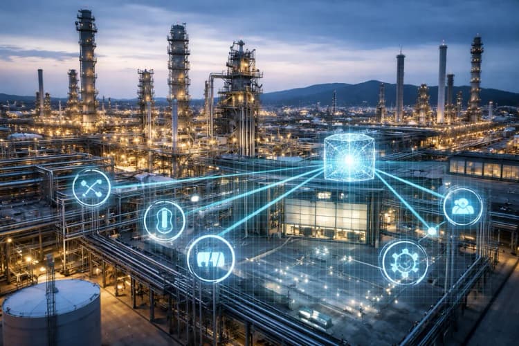 Ilustrasi kilang minyak dengan overlay transparan menunjukkan aliran data dari sensor ke pusat AI, disertai ikon gelombang tekanan, grafik suhu, dan diagram kausalitas antar-unit proses