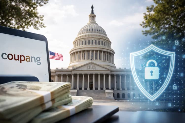 Ilustrasi gedung Capitol Hill dengan logo Coupang dan simbol data pribadi berbentuk perisai di latar belakang