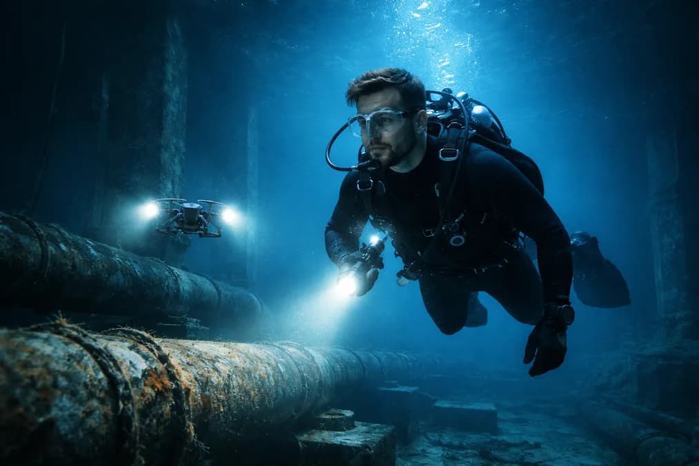 Diver in underwater inspection: Drone AI BeeX Pangkas Biaya Inspeksi Bawah Laut 50% untuk Petronas