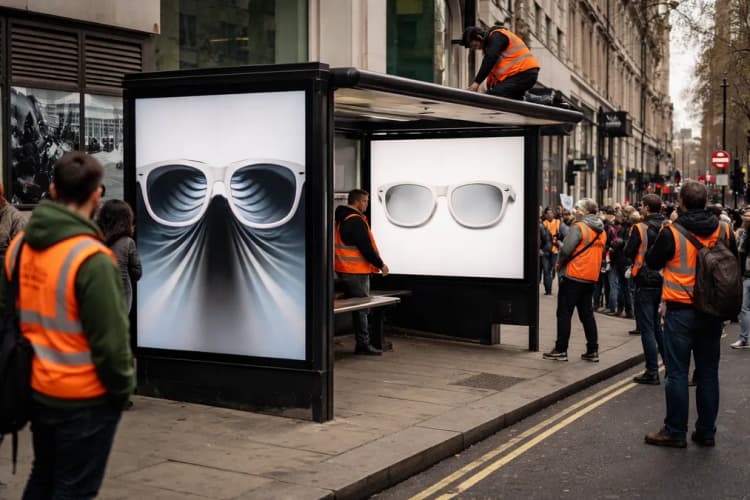 Ilustrasi halte bus London dengan poster kacamata Meta palsu berukuran besar, salah satunya menunjukkan efek optical illusion saat dilihat dari sudut tertentu