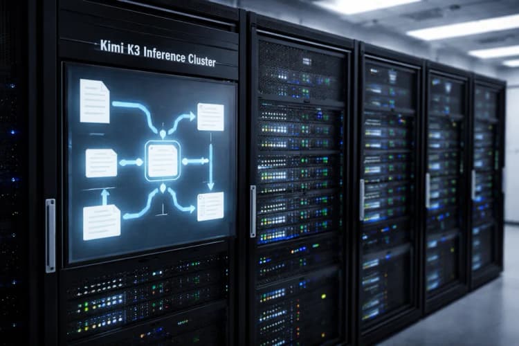 Ilustrasi server rack dengan label 'Kimi K3 Inference Cluster' dan diagram alur data dari dokumen PDF ke output analisis hukum
