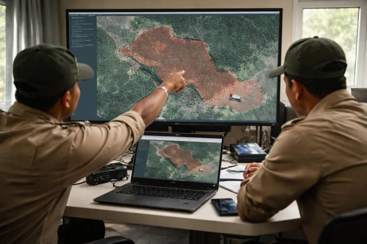 Ilustrasi dashboard 'HutanPantau' dengan tampilan peta HPT Sirih Sirih, garis merah menunjukkan zona tanpa sinyal sensor, dan ikon truk bergerak di luar area cakupan notifikasi otomatis