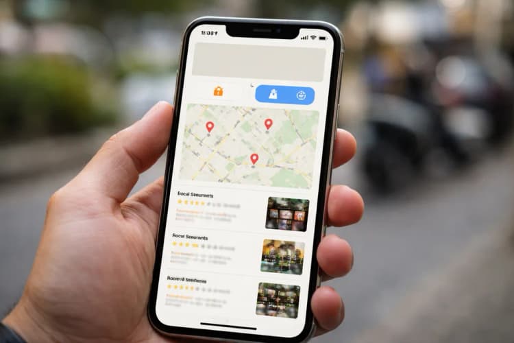 Ilustrasi layar iPhone menampilkan hasil pencarian Apple Maps dengan kotak iklan kosong di bagian atas, di samping ikon restoran dan toko yang aktif