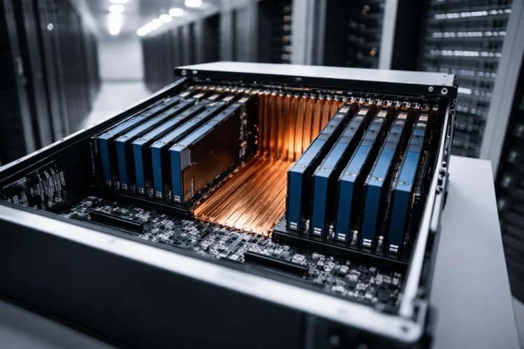 Ilustrasi OEX supernode ZTE di ruang data terbuka, menampilkan backplane tembaga berkilau tanpa kabel eksternal dan modul GPU berwarna biru-hitam tersusun rapi