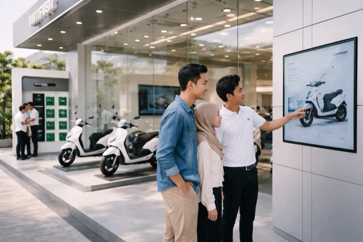 Ilustrasi dealer VinFast di Bandung dengan fasad modern, area demo baterai, dan staf sedang menjelaskan panel interaktif kepada pengunjung