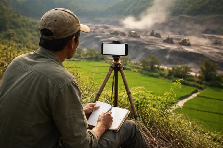 Ilustrasi warga Desa Muara Maung sedang merekam aktivitas tambang dari bukit dekat sawah, dengan ponsel terpasang di tripod bambu dan catatan harian terbuka di pangkuan