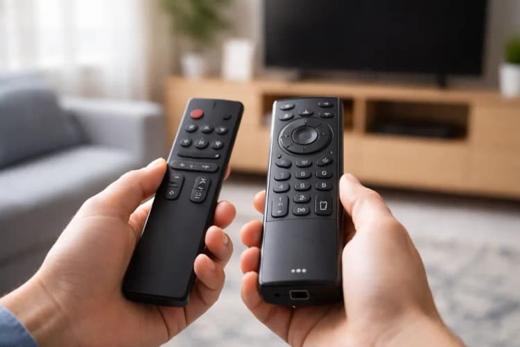 Ilustrasi perbandingan fisik remote TV inframerah dan remote Bluetooth: satu kecil, ringan, dengan tombol sederhana; satunya lebih tebal, memiliki port USB-C dan indikator LED