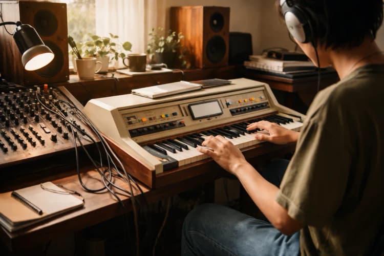 Ilustrasi meja kerja musisi muda di studio rumahan dengan Orchid di tengah, kabel audio analog terhubung ke mixer analog, tanpa laptop terlihat