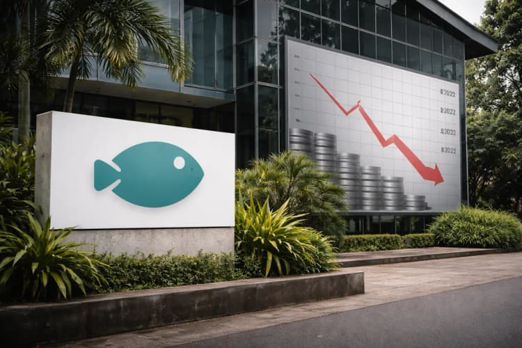 Ilustrasi kantor eFishery di Bandung dengan papan nama dan logo, di samping grafik pertumbuhan pendanaan yang menurun tajam setelah 2022