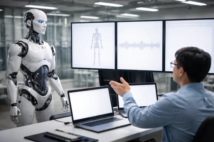 Ilustrasi studio simulasi interaksi manusia-robot dengan layar tampilan tiga panel: gerak tubuh 3D, gelombang suara real-time, dan jendela teks berisi jejak penalaran pengguna