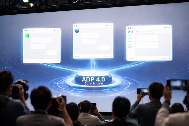 Ilustrasi antarmuka pengembang dengan tiga jendela berdampingan: satu menampilkan antarmuka Line, satu Telegram, satu Google Workspace — semua terhubung ke diagram arsitektur pusat berlabel 'ADP 4.0 Core Engine'