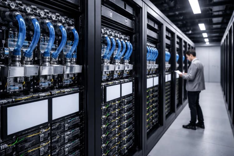 Ilustrasi data center Zhipu di Beijing dengan panel pendingin cair dan rak server berlabel 'Ascend 910B' serta 'GLM-4 Optimized'