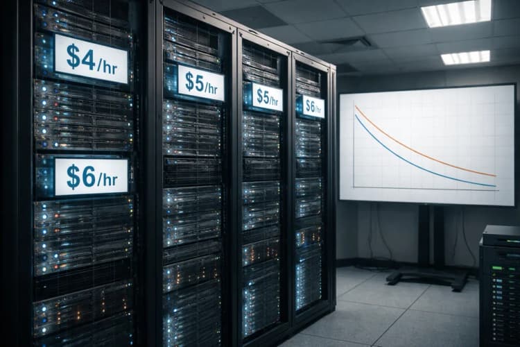 Ilustrasi server rack dengan label harga per jam di tiap unit, serta grafik penurunan biaya inferensi Fireworks vs model generik