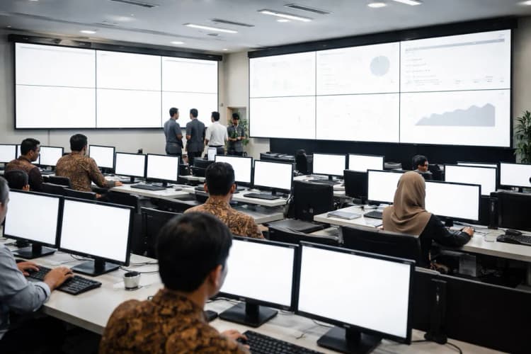Ilustrasi ruang kontrol pusat data di Bandung dengan layar menampilkan dashboard integrasi AI untuk layanan publik, disertai logo BRIN dan Kemkominfo