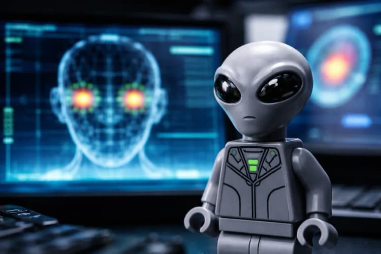 Ilustrasi close-up figur alien abu-abu Lego dengan latar belakang antarmuka AR yang menampilkan garis-garis analisis wajah dan heatmap tatap mata