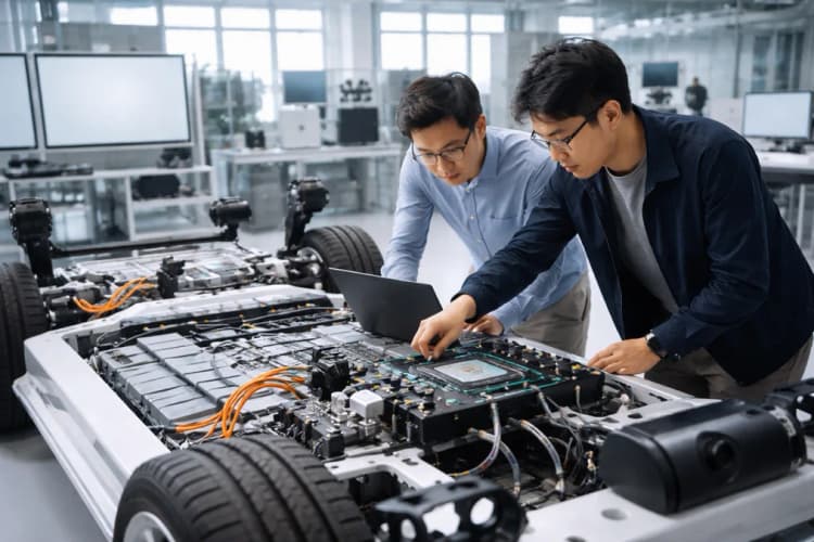 Ilustrasi laboratorium Horizon Robotics di Beijing dengan engineer sedang menguji chip Journey 5 pada modul ADAS di atas chassis mobil listrik BYD