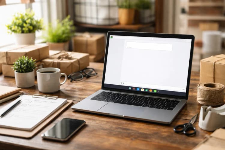 Ilustrasi meja kerja usaha kecil dengan laptop menampilkan antarmuka ChatGPT, ikon Dropbox dan Shopify terlihat di taskbar, serta notepad berisi daftar tugas harian