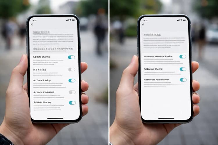 Ilustrasi perbandingan antarmuka notifikasi privasi TikTok versi Korea Selatan dan versi Indonesia, menunjukkan perbedaan kejelasan frasa dan opsi toggle