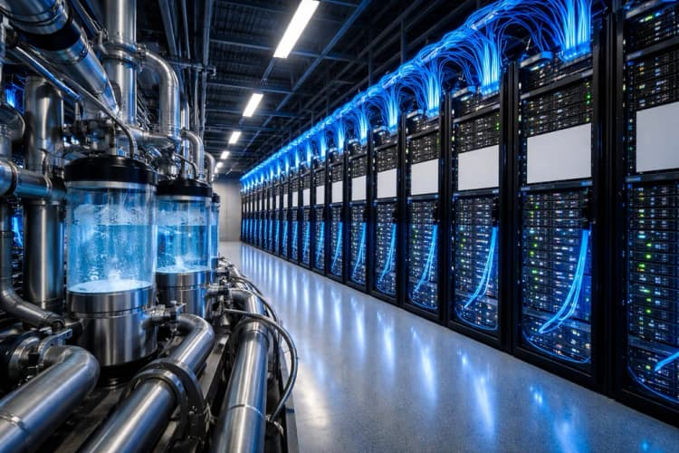 Ilustrasi pusat data Google di Hamina, Finlandia, dengan modul pendingin cair dan kabel fiber optik berwarna biru neon
