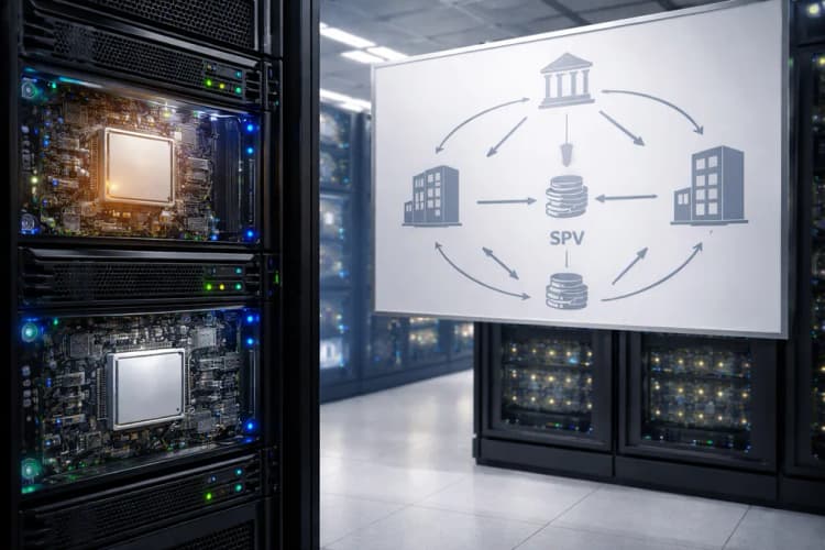 Ilustrasi ruang server pusat data dengan logo Google TPU dan Broadcom ASIC tercetak di casing rack, dikelilingi diagram alur keuangan antara bank, SPV, dan Anthropic
