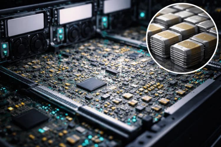 Ilustrasi rak server AI dengan penekanan visual pada area PCB yang dipenuhi komponen kecil berwarna abu-abu dan kuning, disertai inset mikroskopis struktur lapisan keramik MLCC