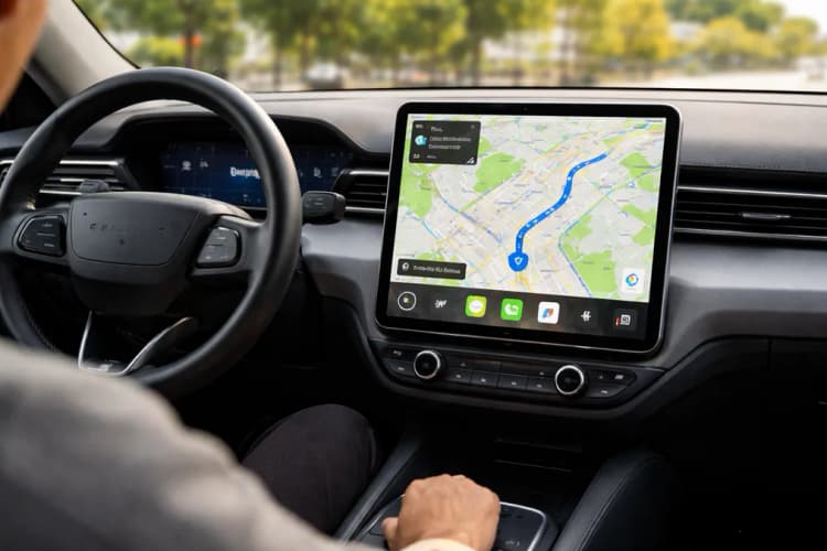 Ilustrasi dashboard Ford EV generasi baru dengan tampilan Apple Maps di layar sentuh tengah, disertai ikon CarPlay dan simbol lokasi real-time