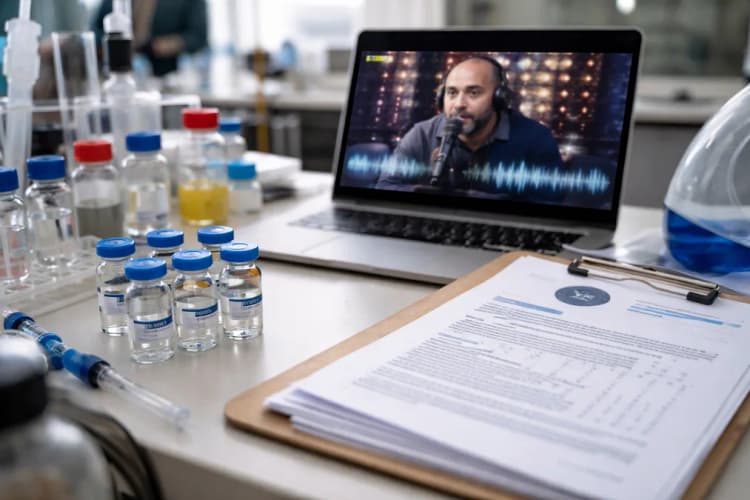 Ilustrasi laboratorium kecil dengan botol berlabel peptida, laptop menampilkan grafik podcast Joe Rogan, dan dokumen FDA bertanda 'Bulk List Recommendation'