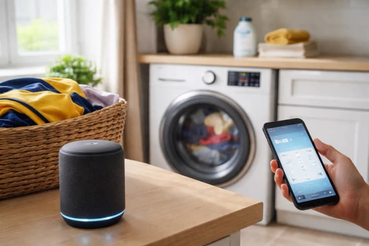Ilustrasi dapur modern dengan mesin cuci pintar, speaker Alexa, dan ponsel menampilkan antarmuka pengaturan suhu serta siklus cuci
