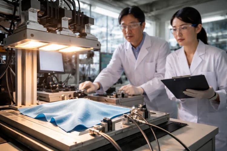 Ilustrasi laboratorium material di Jepang dengan sampel kain berlapis biru muda yang diuji di bawah lampu sinar matahari buatan