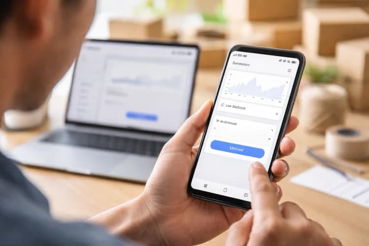 Ilustrasi antarmuka aplikasi Seller di ponsel Android, menampilkan dashboard penjualan harian, notifikasi stok rendah, dan tombol 'Unggah Foto Stok' berwarna biru