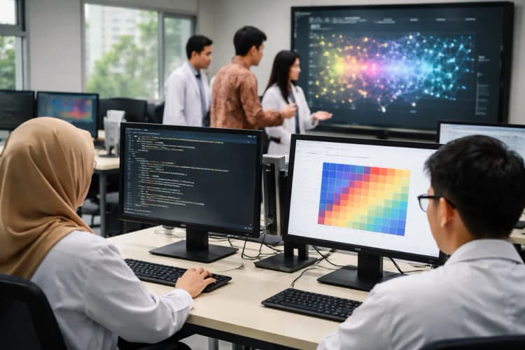 Ilustrasi laboratorium AI di universitas Indonesia dengan layar menampilkan kode Python dan visualisasi bobot model bahasa berbasis Bahasa Indonesia