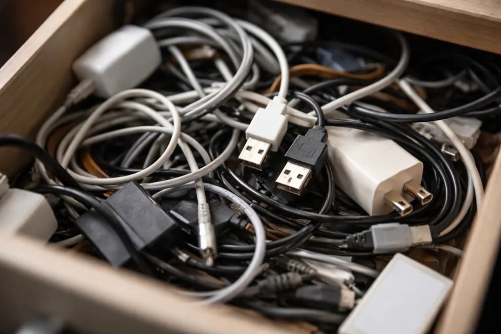Tangled cables in drawer: Kabel USB-A Masih Berguna? Ini yang Harus Anda Simpan
